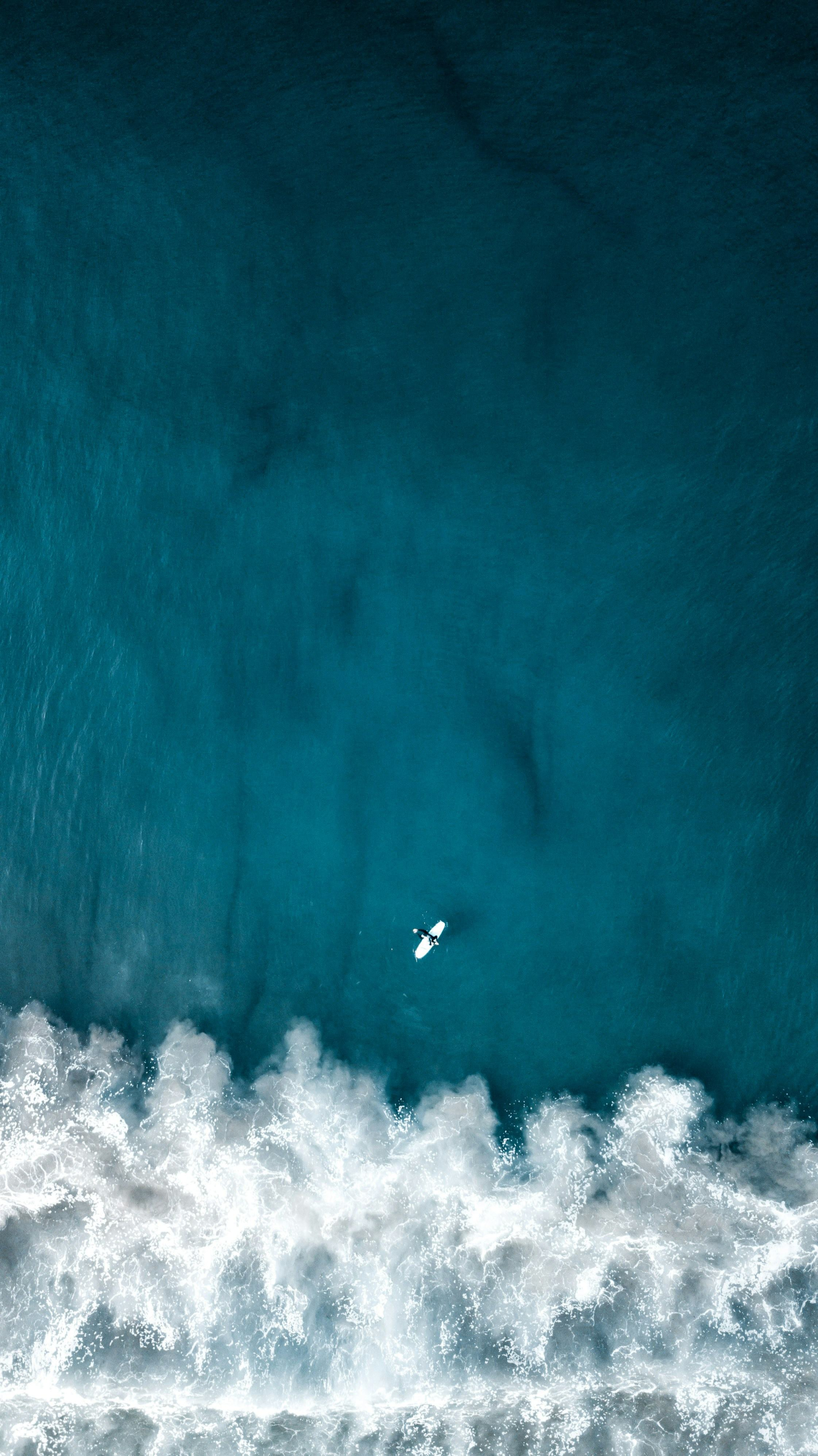Surfeur de dos : Un surfeur portant sa planche se dirige vers les vagues de l'océan.