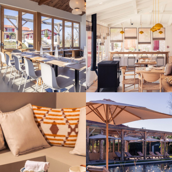 Grande terrasse : Un espace extérieur aménagé abrité par un grand parasol en bois.